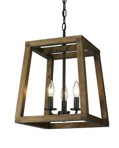 Modern Rustic Wooden Lantern 3 Light Fixture Ceiling Pendant Black Farmhouse 