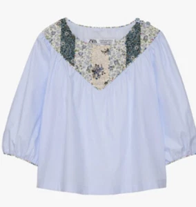 Zara Brand New Girls Striped Patch Work Blouse Blue &white Age 10(140cm) - Picture 1 of 4