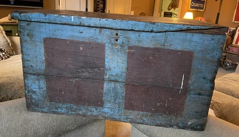 antique primitive wood red and blue painted trunk, Tool Trunk, Carpenters Chest Cover