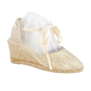 Espadrille Wedge Sandals Gold Closed Toe Ankle Tie Holiday Resort Size UK 5 NEW - Picture 1 of 21