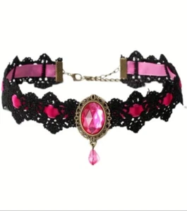 Gothic Red Rhombus Lace Choker, Vintage Collier Necklace With Teardrop Pendant - Picture 1 of 3
