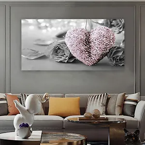 Pink Heart Gray Rose Wall Art Canvas Painting Unframed Home Decor Picture Gifts - Picture 1 of 13