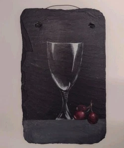 Antique Roof Slate Original Painting Wine Glass & Grapes Artisan Wall Art 5x8" - Picture 1 of 2