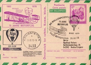Österreich, Ballonpost 1978 - 60. Flug Königstetten - 75 Jahre Motorflug Wright - Picture 1 of 3