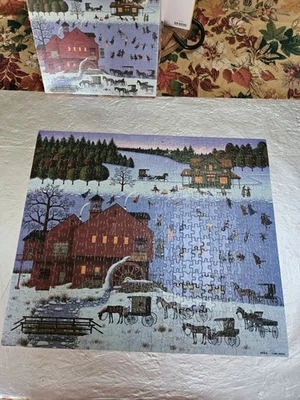 Vtg Charles Wysocki 500 Pc Puzzle Red Mill Pond 4678-4 Winter Skating Americana - Image 1 of 4