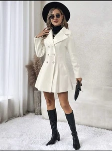 Cream A-line Notched Collar Lapel Neck Double Breasted Long Sleeve Coat/Dress - Picture 1 of 6