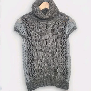 Stefanel Wool Blend Cap Sleeve Turtleneck Chunky Knit Crochet Grey Sweater M - Picture 1 of 7