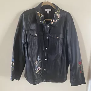 Women's CJ Banks Black "Pleather" Jacket Size 1X Polyester Viscose Moto Floral - Picture 1 of 12