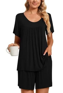 Womens Summer 2 Piece Pajama Sets Short Sleeve Pleated Tunic Tops with Comfy ... - Picture 1 of 6