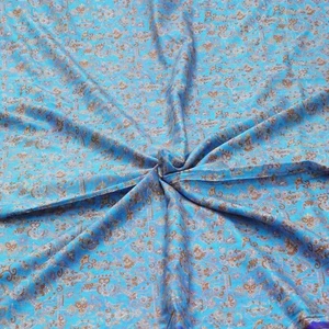 Vintage Blue 100% Pure Silk Printed Sari Remnant 5YD Craft Fabric Silk Scrap - Picture 1 of 4
