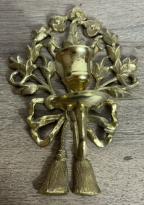Vintage Solid Brass Floral Bow Tassles Wall Candle Holder - Picture 1 of 3