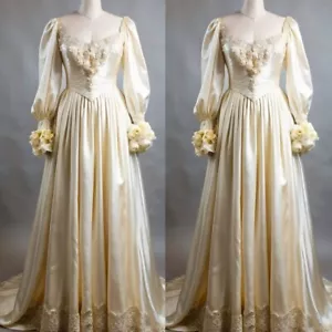 Gelb Champagner Vintage Brautkleider Satin Langarm Spitze Applikationen - Bild 1 von 8