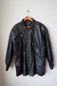 A+ VINTAGE Phase 2 Leather Jacket XL Flannel Lined 80s 90s Long Overcoat Trench - Picture 1 of 4