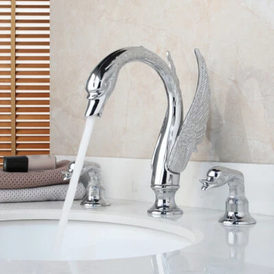 Grifo de baño cromado cisne 3 piezas 2 asas montaje en cubierta latón mezclador lavabo grifo Foto 1 de 4