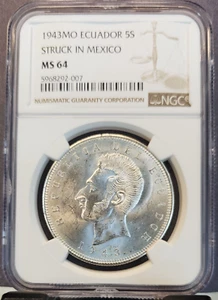 1943 ECUADOR SILVER 5 SUCRES ANTONIO JOSE DE SUCRE NGC MS 64 BRIGHT BU LUSTER - Picture 1 of 3