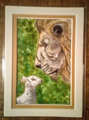 Original Watercolor,  signed painting Lamb And Lion, by Herbie Hasbrouck Jr - Image 1 of 4