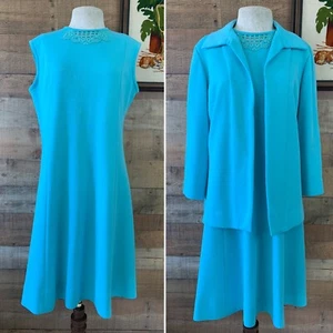 Vintage 1970s Bleeker Street Turquoise Knit Matching Dress Jacket Set Sz Large - Picture 1 of 8