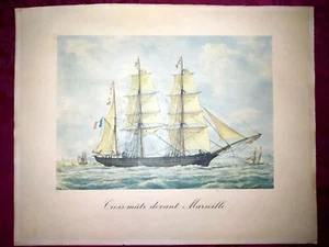 Lithographie en couleurs:Trois mâts devant Marseille d'après François Roux - Picture 1 of 6