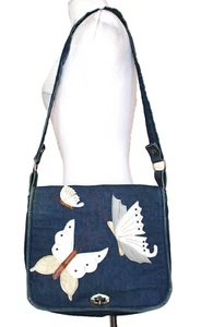 Vintage 70s Denim Crossbody Bag Purse Butterfly Appliques Messenger Bag - Picture 1 of 9
