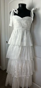 NWT Lulu’s Long Women’s Iridescent White Chiffon Formal Tiered Ruffle Dress Sz L - Picture 1 of 10
