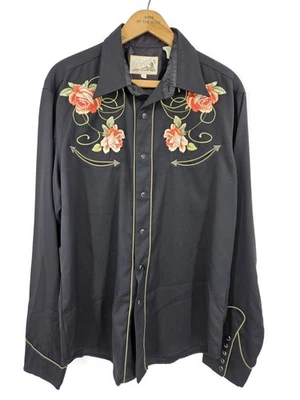 Roper Western Embroidered Shirt Mens M/L Pearl Snap Black Floral Roses - Image 1 of 4