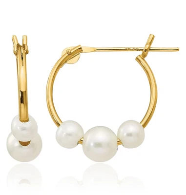 14K Solid Two Tone Gold Round Freshwater Cultured 3 Pearl Small Hoop Earrings - Image 1 of 4