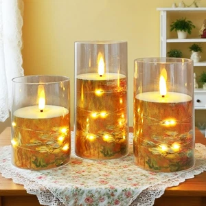 3 Pack Painted Fameless Candles with Remote, Battery Operated LED Pillar Candles - Picture 1 of 7