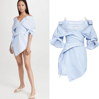 Vestido Camisa Alexander Wang Envolvente Mini Azul Blanco Rayas Talla 0 Foto 1 de 4