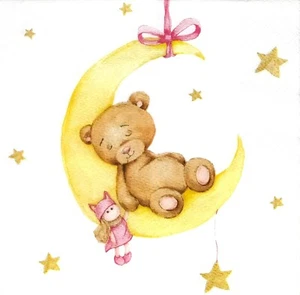 P146# 3 servilletas de papel individuales decoupage bebé niña luna con oso de peluche para dormir - Imagen 1 de 9