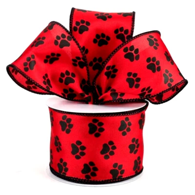 Christmas Red with Black Dog Paw Prints 2.5" by 2 yds Red Satin Wired Ribbon Pet - Image 1 of 4
