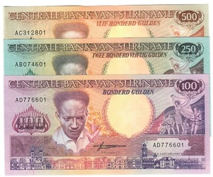 SET Suriname 100, 250 & 500 Gulden 1988 UNC - Picture 1 of 4
