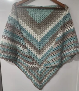 VTG Shawl Crocheted Handmade Shoulder Wrap Teal Grey White Wool, 62"x 29" - Picture 1 of 7