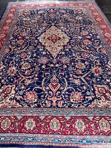 Blue ANTIQUE ORIENTAL RUG WOOL 9.5x12.9 Hand-KNOTT handmade vintage blue - Picture 1 of 6