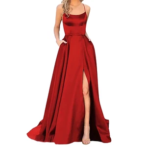 Red Train Gown Long Dress Deep Slit Sexy Straps Backless Strapless Party Gala - Picture 1 of 13