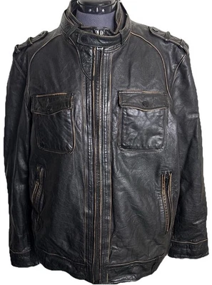 Black Rivet Cafe Racer Motorcycle Leather Jacket Mens XL Brown Distressed Finish - Image 1 of 4