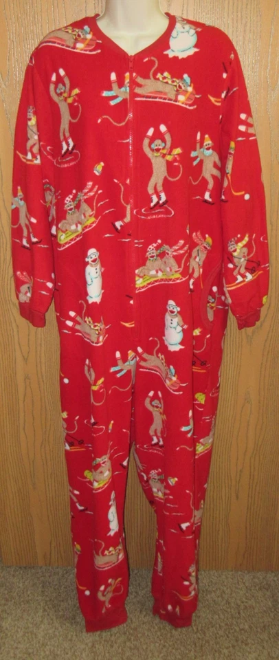 NICK & NORA unisex 100% fleece one piece long john RED SOCK MONKEY pajamas XXL - Image 1 of 4