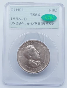 1936 D Cincinnati Commemorative 50c PCGS & CAC MS64 Rattler C1922 - .705 - Picture 1 of 5