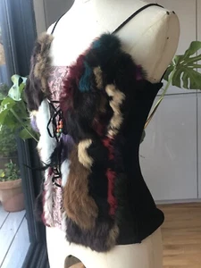 SIZE SMALL VINTAGE UNUSUAL CORSET VEST STRAPPY TOP REAL FUR CONEY MULTICOLOURED - Picture 1 of 12
