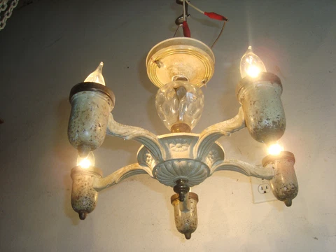 Working Vtg Atq Art Deco Ceiling Light Fixture Chandelier 5 Light Original Paint Cover