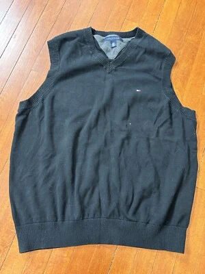 Tommy Hilfiger Hombres Grande Sin Mangas Negro Algodón Suéter Chaleco Preppy Papá Foto 1 de 4