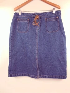 COVINGTON 100% Blue Cotton Denim A-line Style Skirt Leather Accent Women's Sz 16 - Picture 1 of 13