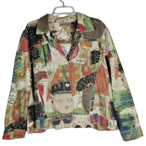 Chicos VTG 2 Colorful Artsy Trucker Art to Wear Linen Cotton Long Sleeve Pockets - Picture 1 of 15