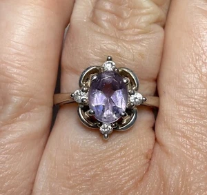 Fancy 925 Sterling Silver Amethyst and CZ Ring, Size M 1/2 - Picture 1 of 6