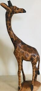 Vintage Hand Carved Wood 12.5â€� Giraffe Hand Painted On Base With Head Turned