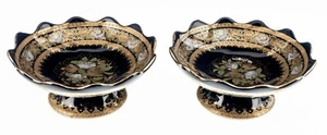 Pair of M-Z Hi-Luxe Czech Republic Kobalt 6in Footed Bowls Floral Gold Gilt Used - Picture 1 of 18