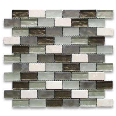 A63001 Glass Mosaic Tile White Gray Brown Glass Beige Travertine Backsplashes - Image 1 of 4