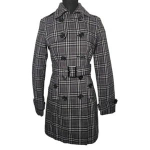 Jacob Plaid Grey Buttoned Double Breasted Belted Trench Coat, XS - Bild 1 von 17