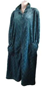 Laura Ashley 2X Teal Diamond Pattern Plush Long Zip Robe Vintage Y2K GUC - Picture 1 of 13