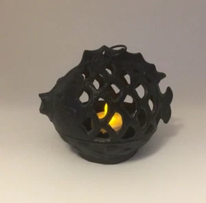 Vintage Japanese Cast Iron Baby Puffer Fish Lantern Home Decor Rare - Picture 1 of 16