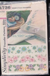 Vintage Simplicity 4736 Stickerei Transfers OOP Blumen Bordüren Kissen Blätter - Bild 1 von 2